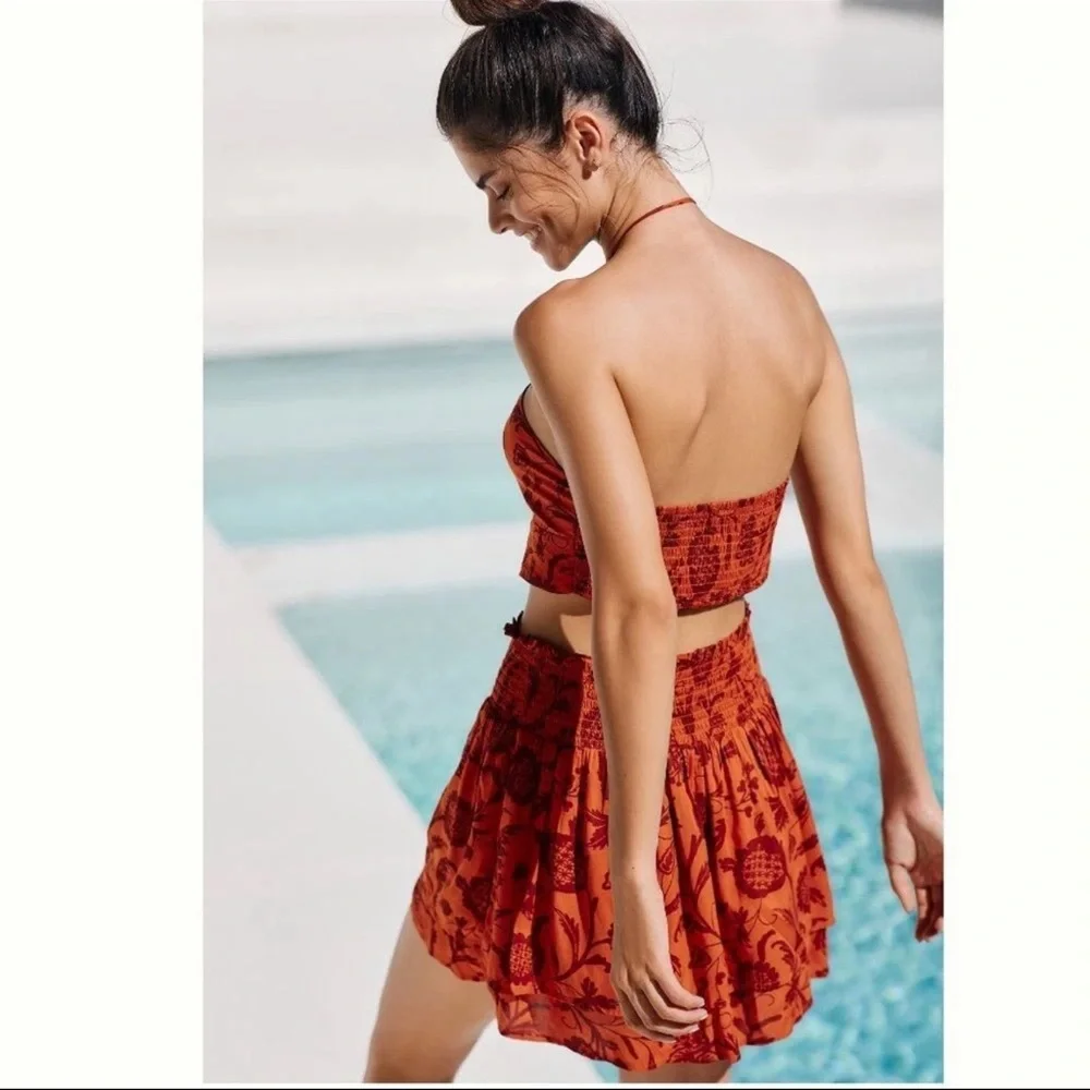 Anthropologie Two-Piece Set Beaded Bandeau Tie Front Top & Smocked Mini Skirt XL - Picture 2 of 11